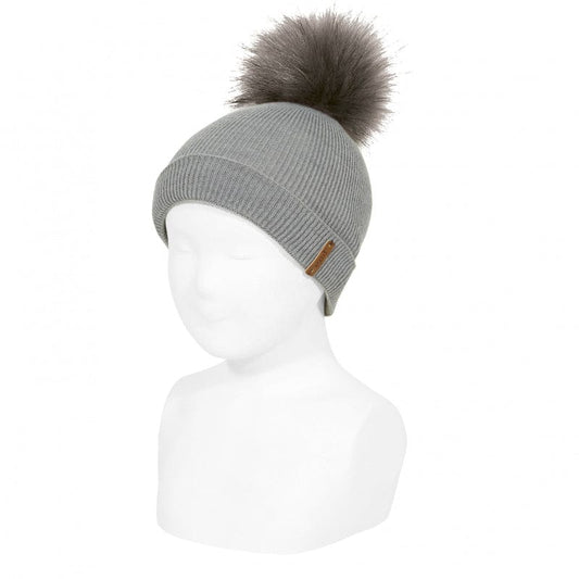 Condor Headwear Grey Rib Hat with Faux Fur Pom-Pom