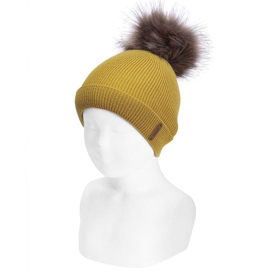 Condor Headwear Mustard Rib Hat with Faux Fur Pom-Pom