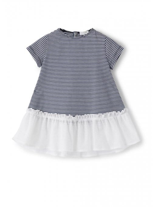 Il Gufo Dresses + Skirts White and blue striped jersey dress with mesh flounce
