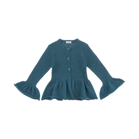 Il Gufo Tops Teal Button Down Cardigan with Ruffle Details
