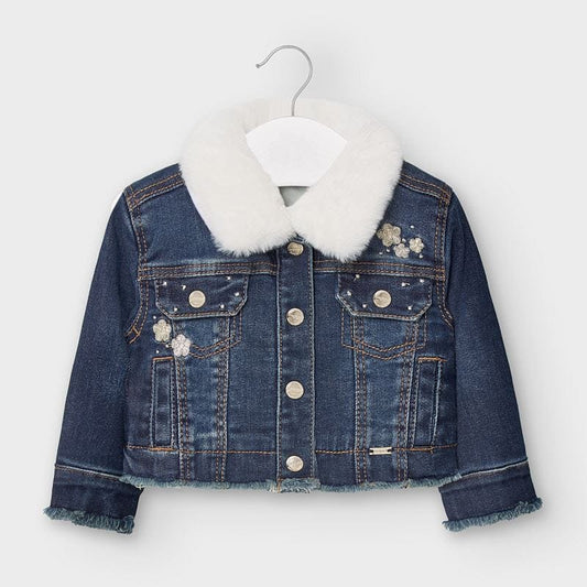 Mayoral Outerwear Denim Jacket with Faux Fur Collar