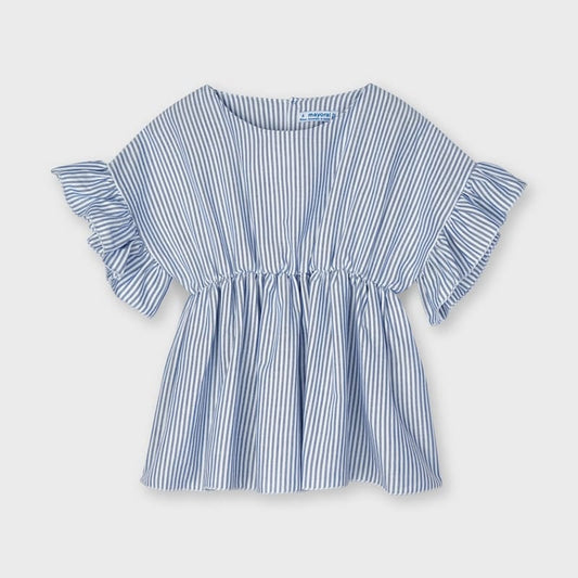 Mayoral Tops Blue Pinstripe Ruffle Blouse