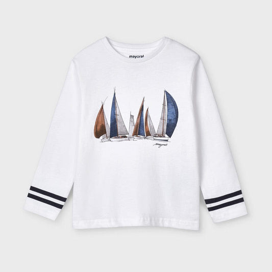 Mayoral Tops White Long Sleeve Sailboat T-shirt