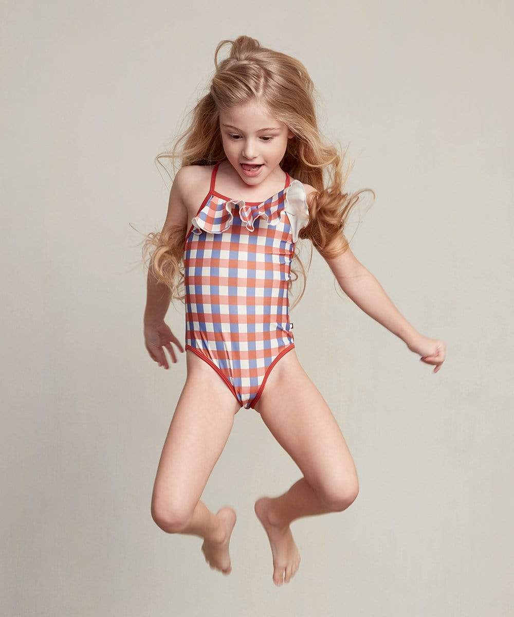 Oeuf Ruffle One Piece Swimsuit Rust Gingham Mini Cycle