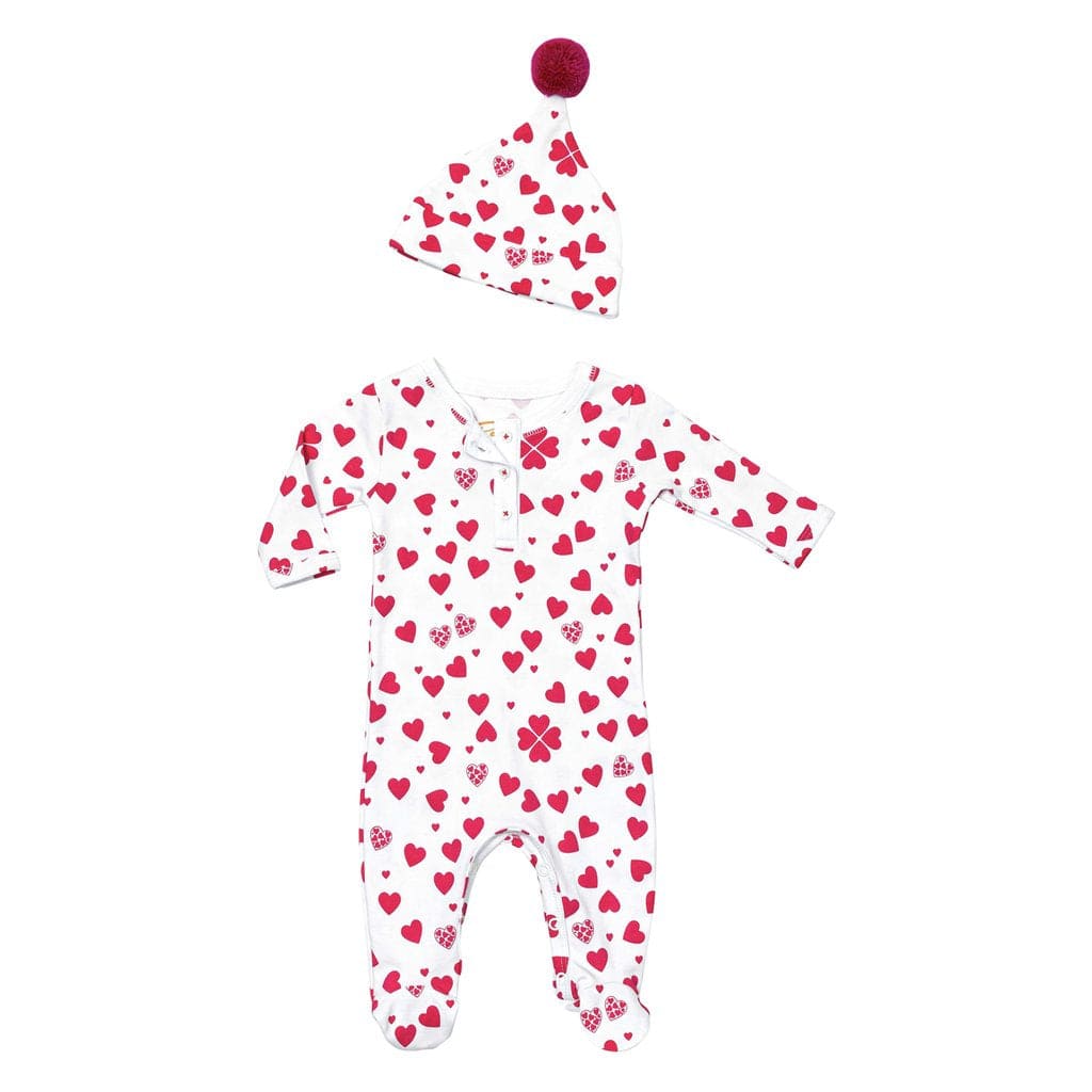 Petidoux Clothing / PJs / Footed Sleepers 3M Petidoux Lots of Hearts Onesie + Hat Pajama Set