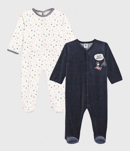 Petit Bateau Clothing / PJs / Footed Sleepers 1M Set of 2 Velour Footed Sleepers - Navy and Letters