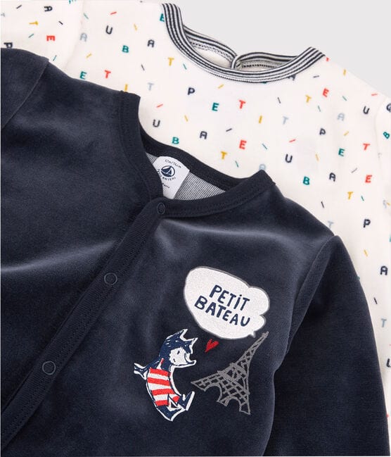 Petit Bateau Clothing / PJs / Footed Sleepers Set of 2 Velour Footed Sleepers - Navy and Letters