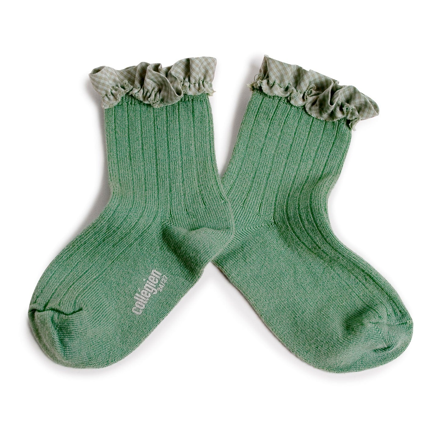 Collegien Socks Brigitte Gingham Ruffle Ribbed Ankle Socks - Celadon