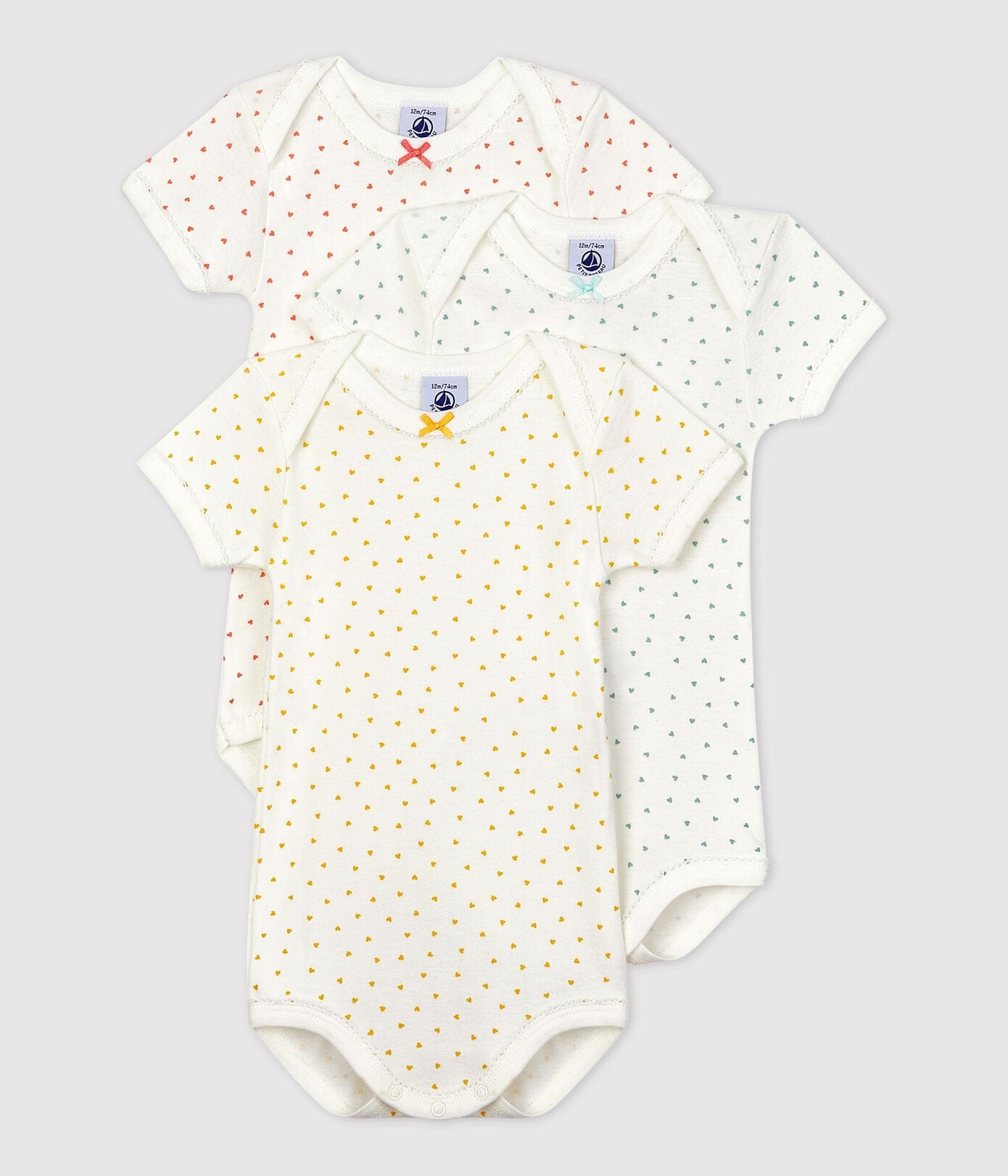 Petit Bateau Bodysuit Heart Patterned Short-Sleeved Bodysuits - 3-Pack